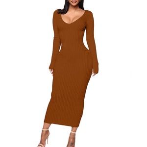Brown Long Sleeves Maxi Dress